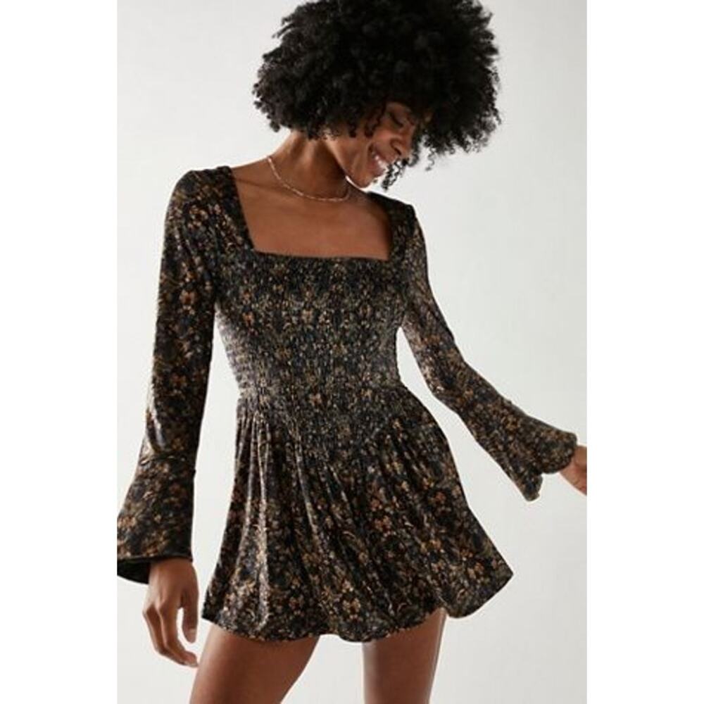 Free People Velvet Floral Open-Back Romper in Black and Gold - Picture 3 of 4